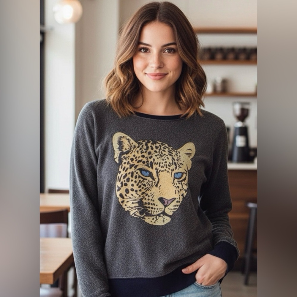 Wildfox Charcoal Sweater with Leopard Graphic Sz M